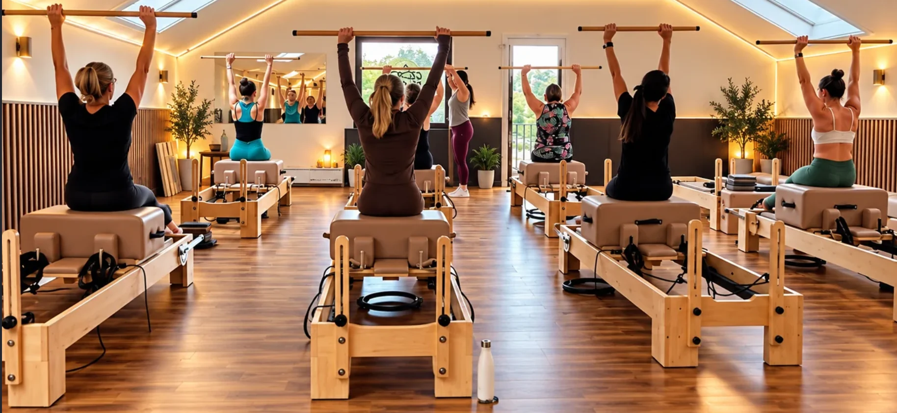 Reformer Pilates-time med deltakere og reformermaskiner hos Heat Fitness